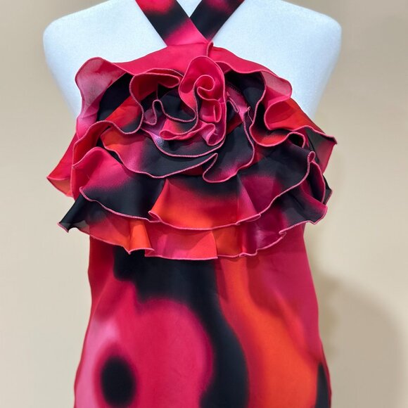 Women Vintage Express Halter Blouse Ruffle Flower Red Black Pink Size S Back Bow - Picture 1 of 11